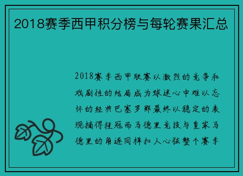 2018赛季西甲积分榜与每轮赛果汇总